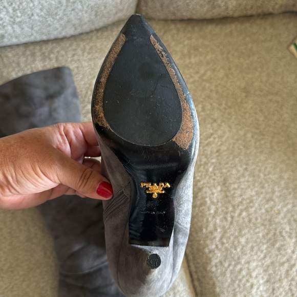 Prada Suede Knee High Boot Cone Heel Gray 37.5 IT 7.5 US NIB MSRP $1400 - Picture 9 of 14